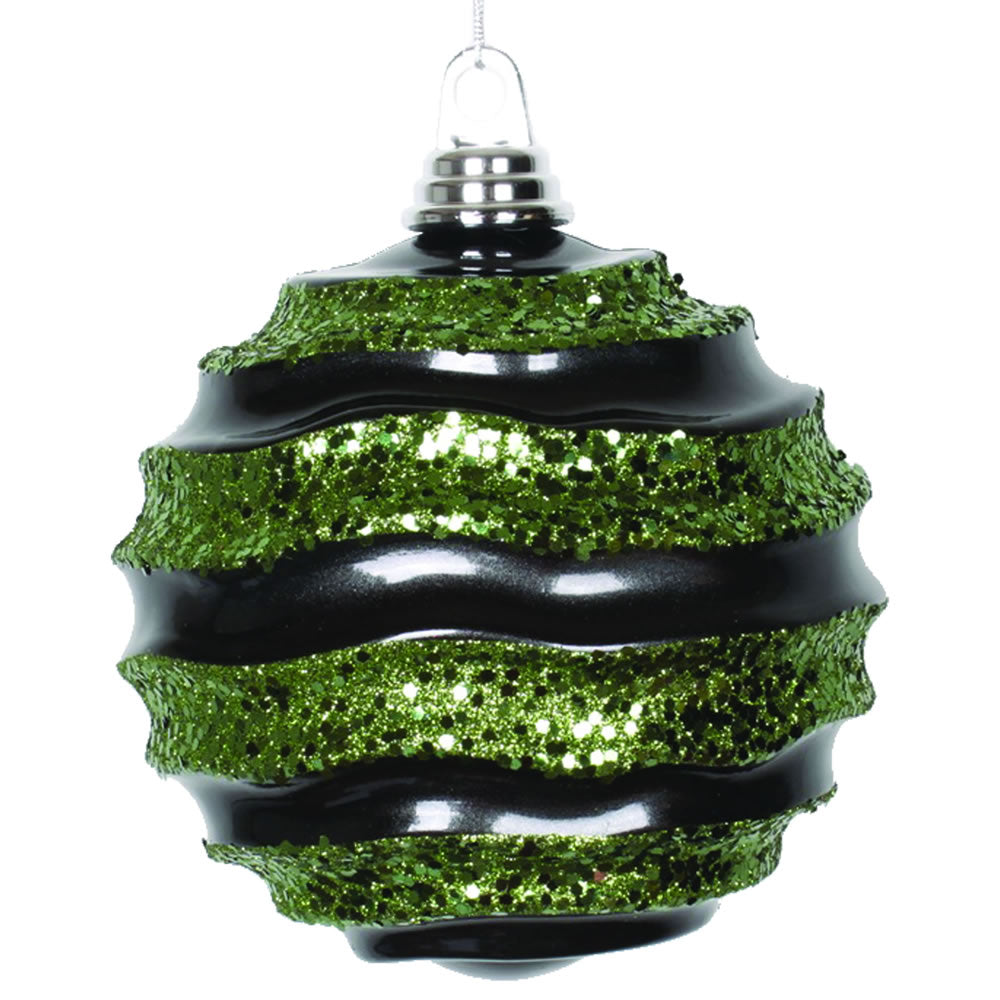 Vickerman 6 in. Black-Lime Candy Glitter Ball Christmas Ornament