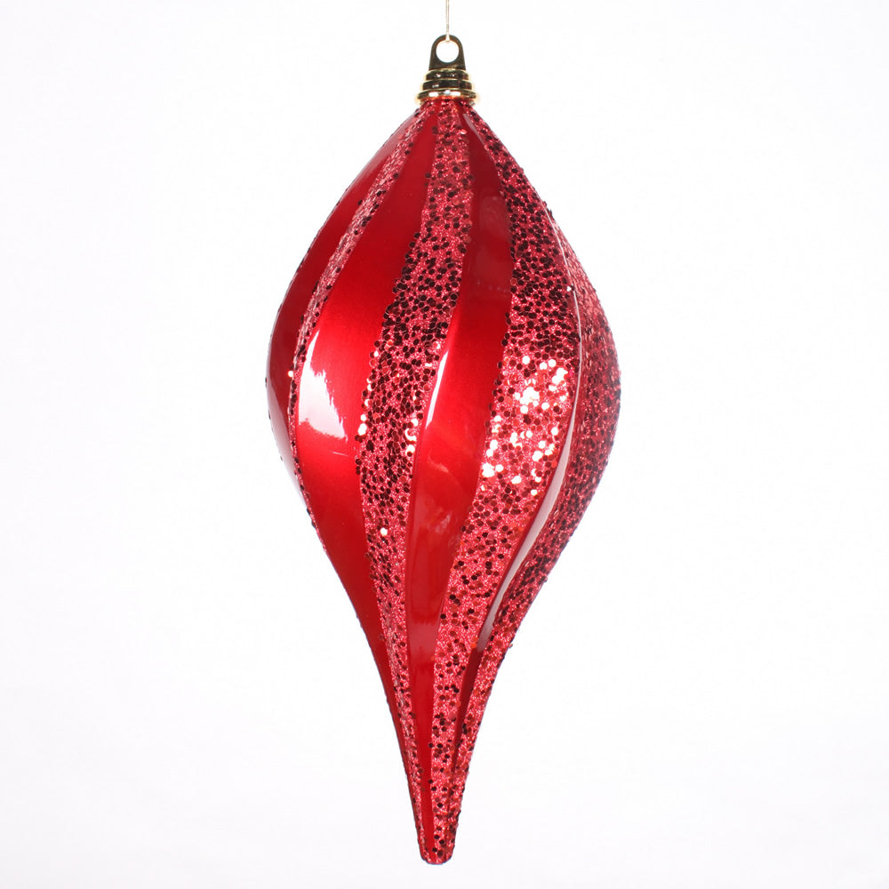 2Pk. Vickerman 8 in. Red swirl Candy Glitter Drop Christmas Ornament