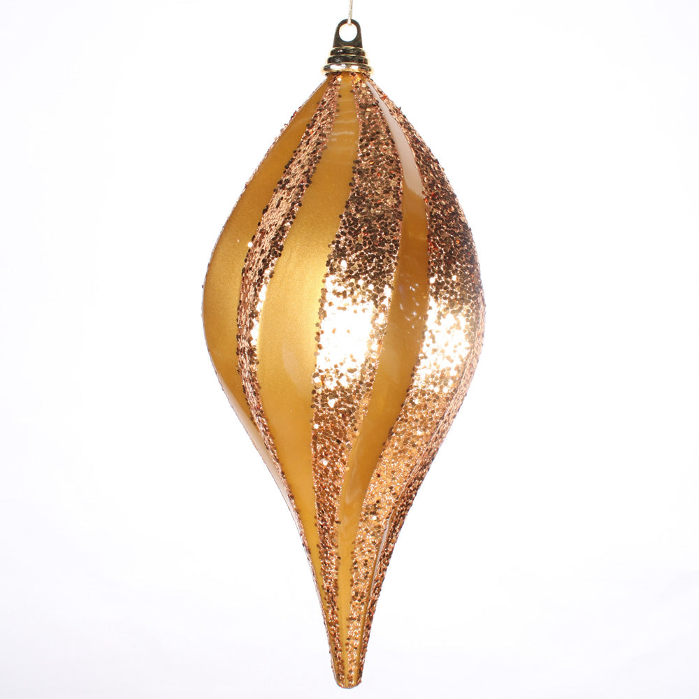 2Pk. Vickerman 8 in. Antique Gold swirl Candy Glitter Drop Christmas Ornament