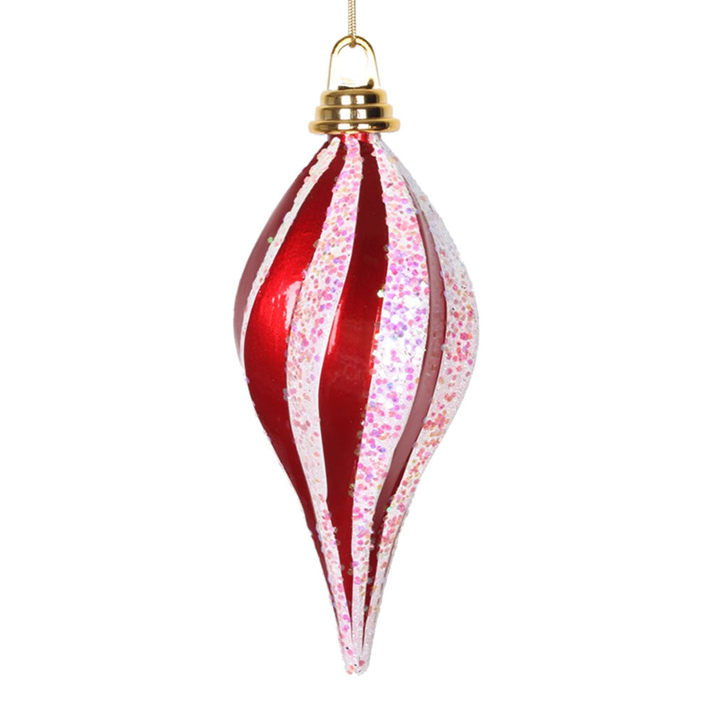 2Pk. Vickerman 8 in. Red-White swirl Candy Glitter Drop Christmas Ornament