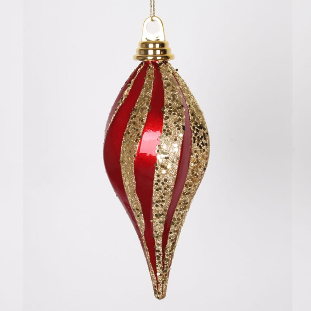 2Pk. Vickerman 8 in. Red-Gold swirl Candy Glitter Drop Christmas Ornament