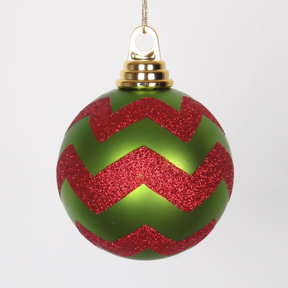 Vickerman 4 in. Lime-Red Matte Glitter Chevron Ball Christmas Ornament