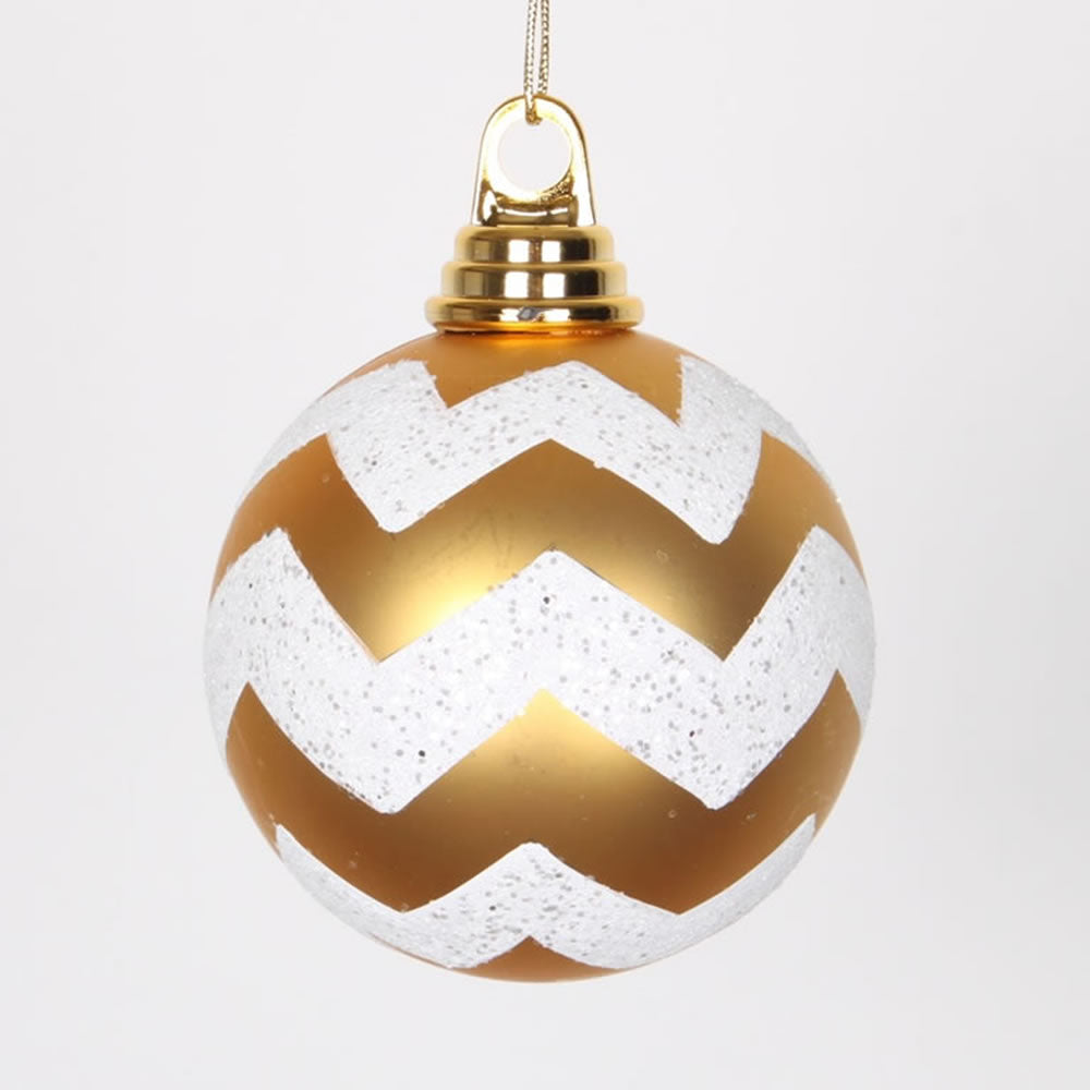 Vickerman 4 in. Gold-White Matte Glitter Chevron Ball Christmas Ornament