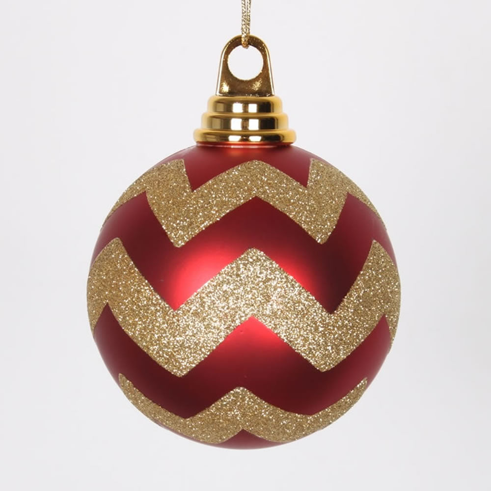 Vickerman 4 in. Red-Gold Glitter Chevron Ball Christmas Ornament