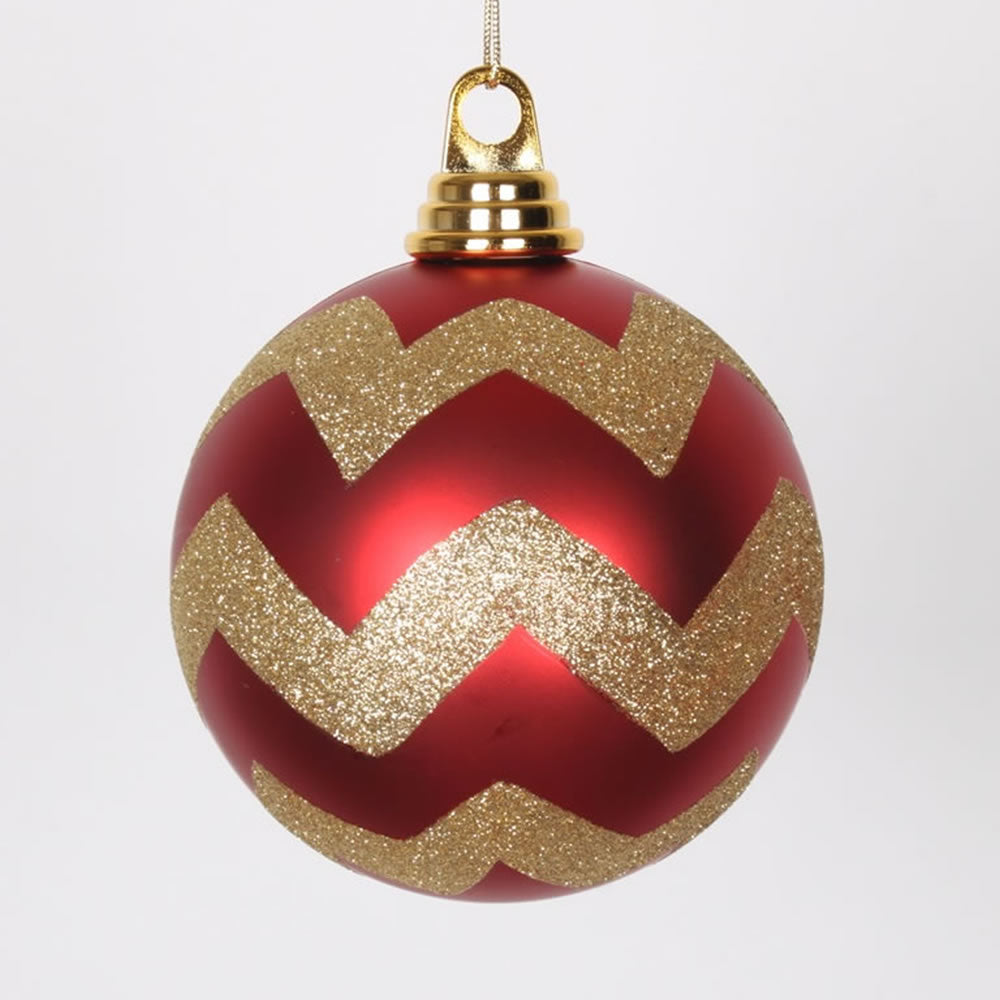 Vickerman 4.75 in. Red-Gold Glitter Chevron Ball Christmas Ornament