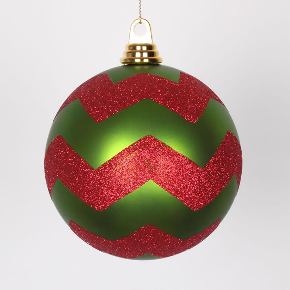 Vickerman 6 in. Lime-Red Matte Glitter Chevron Ball Christmas Ornament
