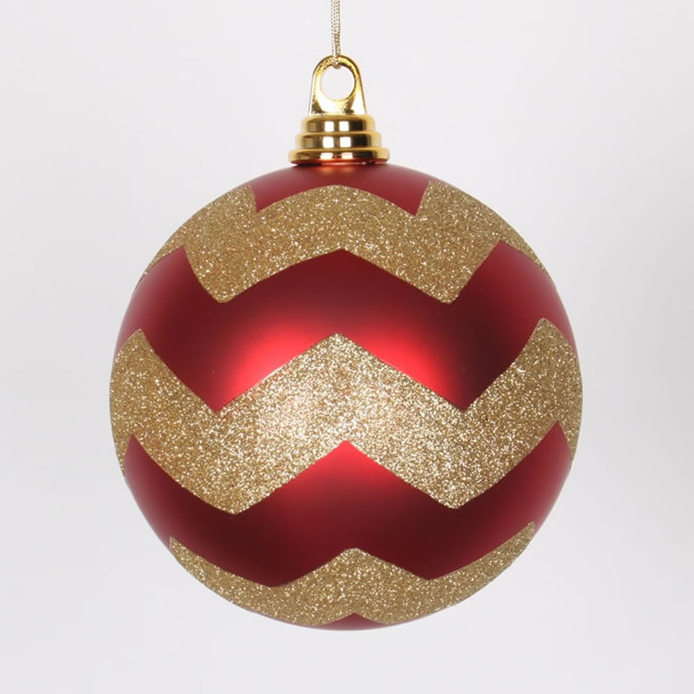 Vickerman 6 in. Red-Gold Matte Glitter Chevron Ball Christmas Ornament