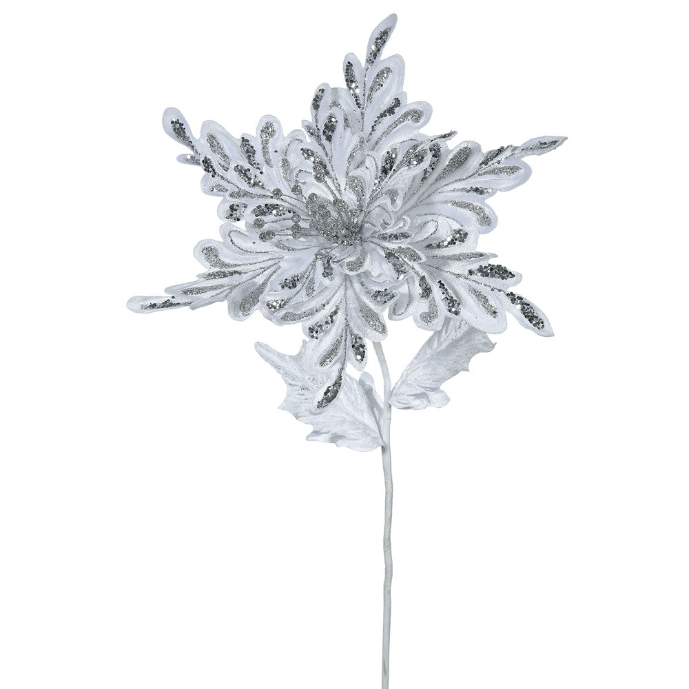 3PK - 15" White Velvet Poinsettia 15" Glitter Flower Decorative Christmas Pick