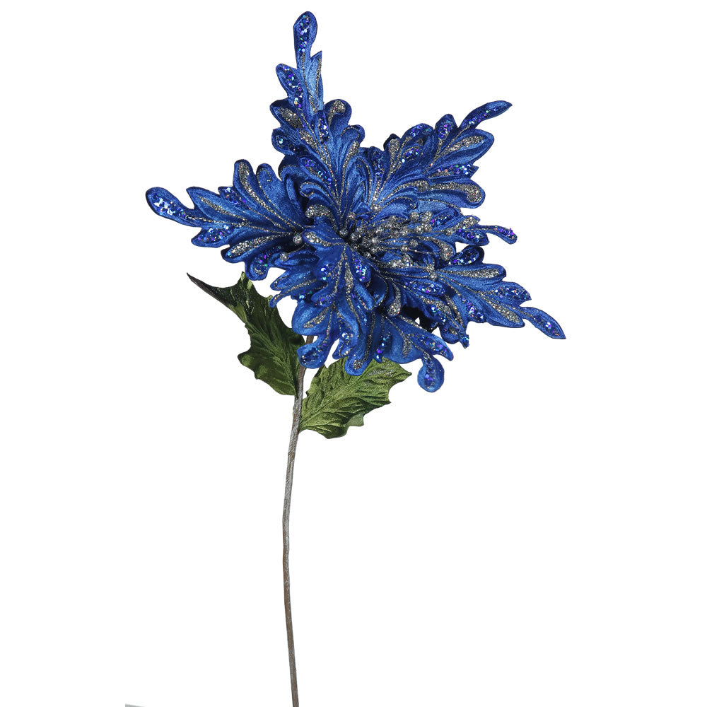 3PK - 15" Blue Velvet Poinsettia 15" Glitter Flower Decorative Christmas Pick