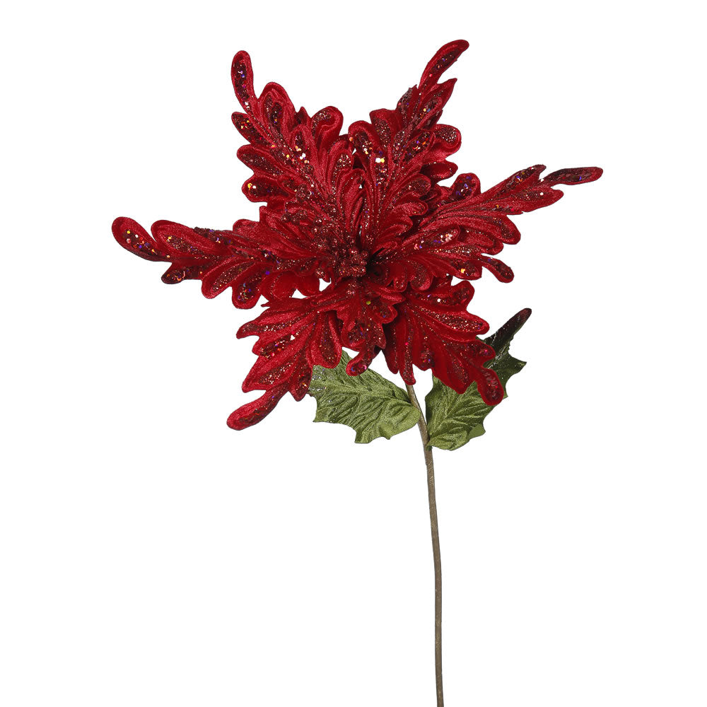 3PK - 15" Red Velvet Poinsettia 15" Glitter Flower Decorative Christmas Pick