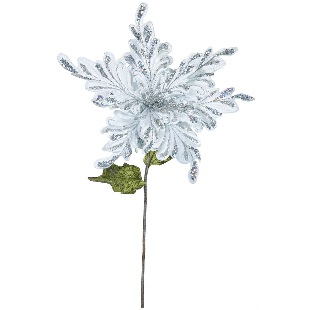 3PK - 15" Silver Velvet Poinsettia 15" Glitter Flower Decorative Christmas Pick