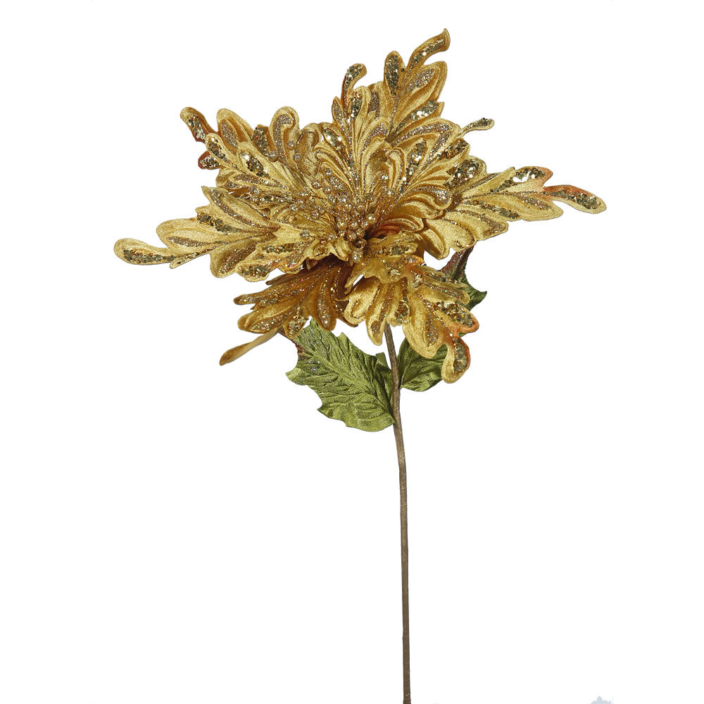 3PK - 15" Gold Velvet Poinsettia 15" Glitter Flower Decorative Christmas Pick