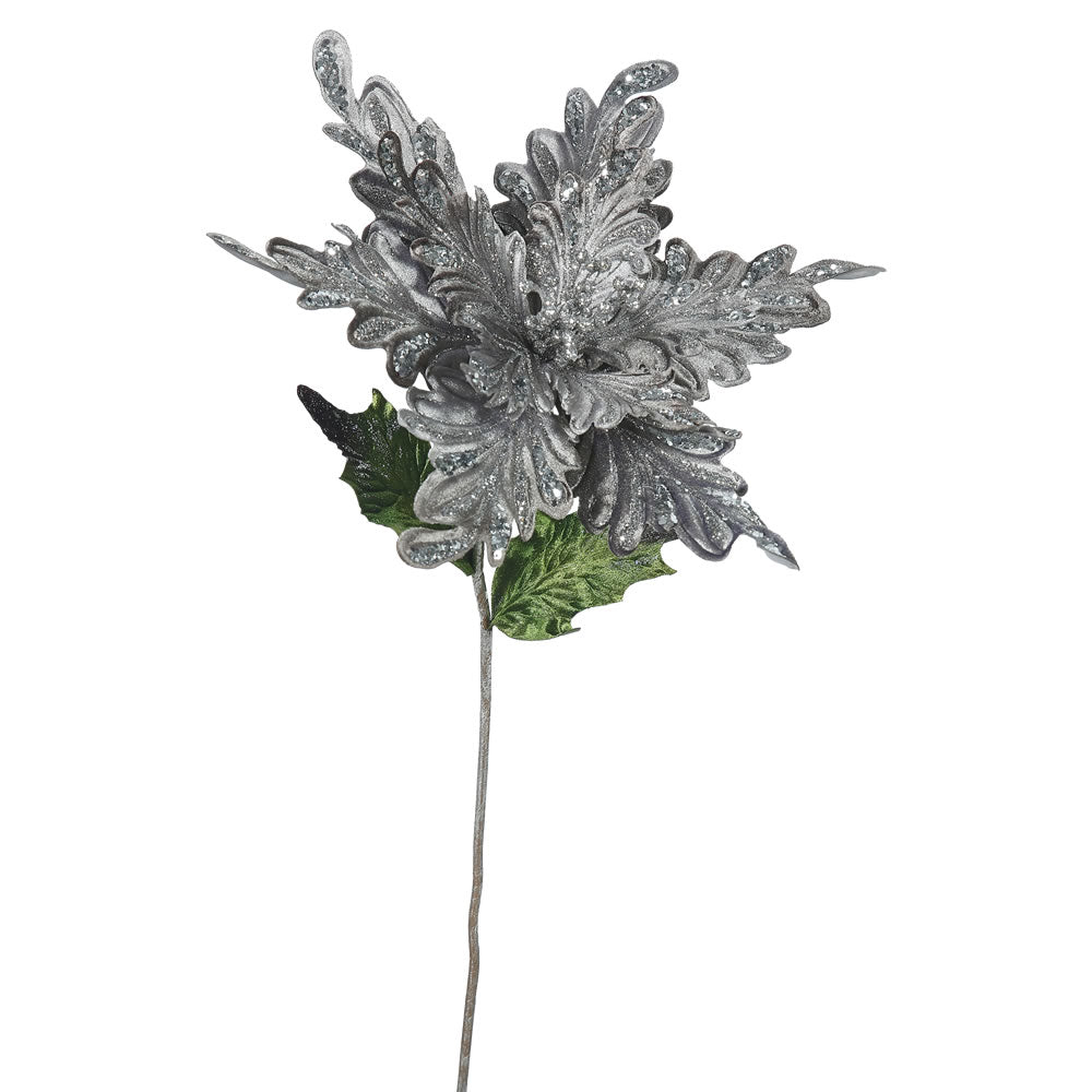 3PK - 15" Pewter Velvet Poinsettia 15" Glitter Flower Decorative Christmas Pick