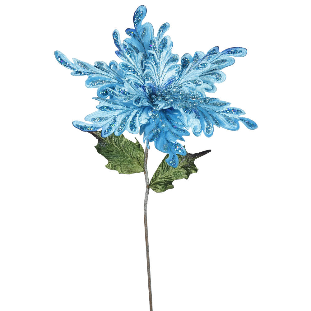 3PK - 15" Sky Blue Velvet Poinsettia 15" Glitter Flower Decor Christmas Pick