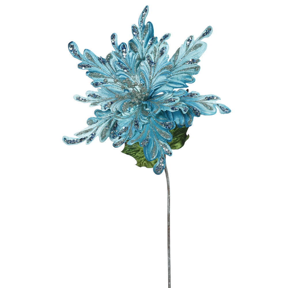 3PK - 15" Sea Blue Velvet Poinsettia 15" Glitter Flower Decor Christmas Pick