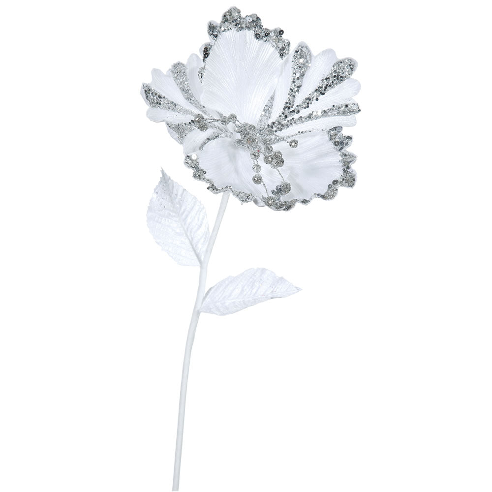 3PK - 23" White Hibiscus 8" Glitter Flower Decorative Christmas Pick