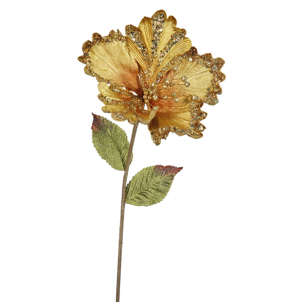 3PK - 23" Gold Hibiscus 8" Glitter Flower Decorative Christmas Pick