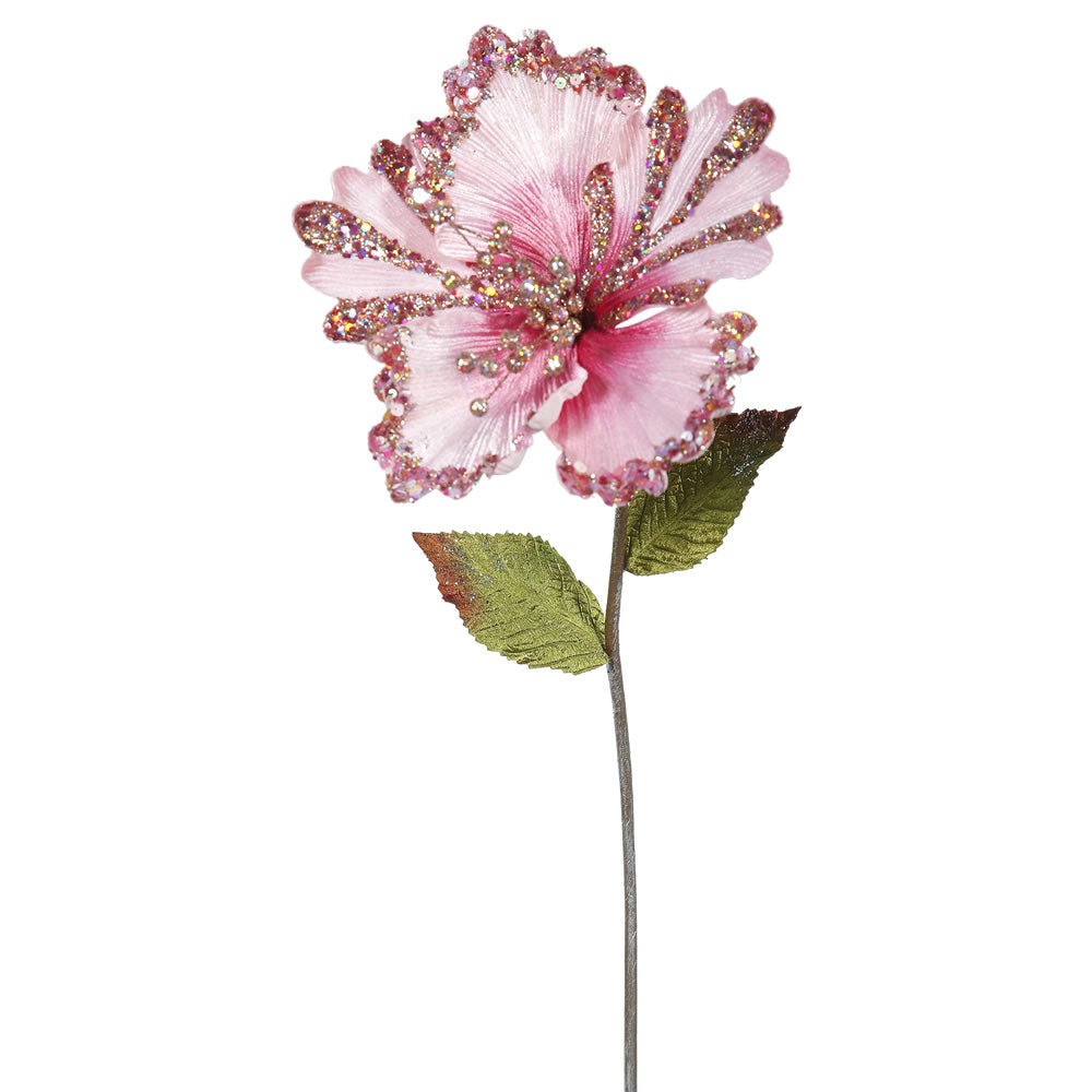 3PK - 23" Pink Hibiscus 8" Glitter Flower Decorative Christmas Pick