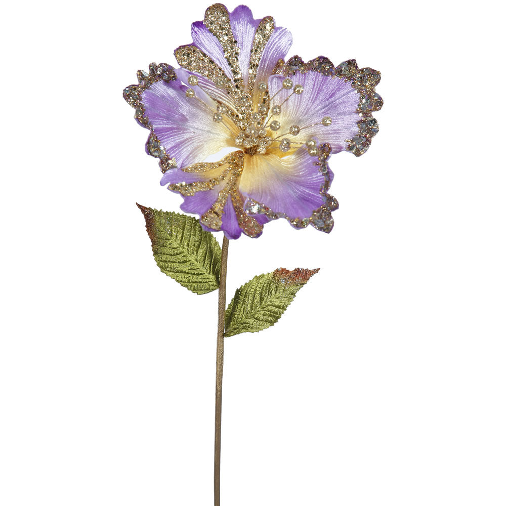 3PK - 23" Violet Hibiscus 8" Glitter Flower Decorative Christmas Pick