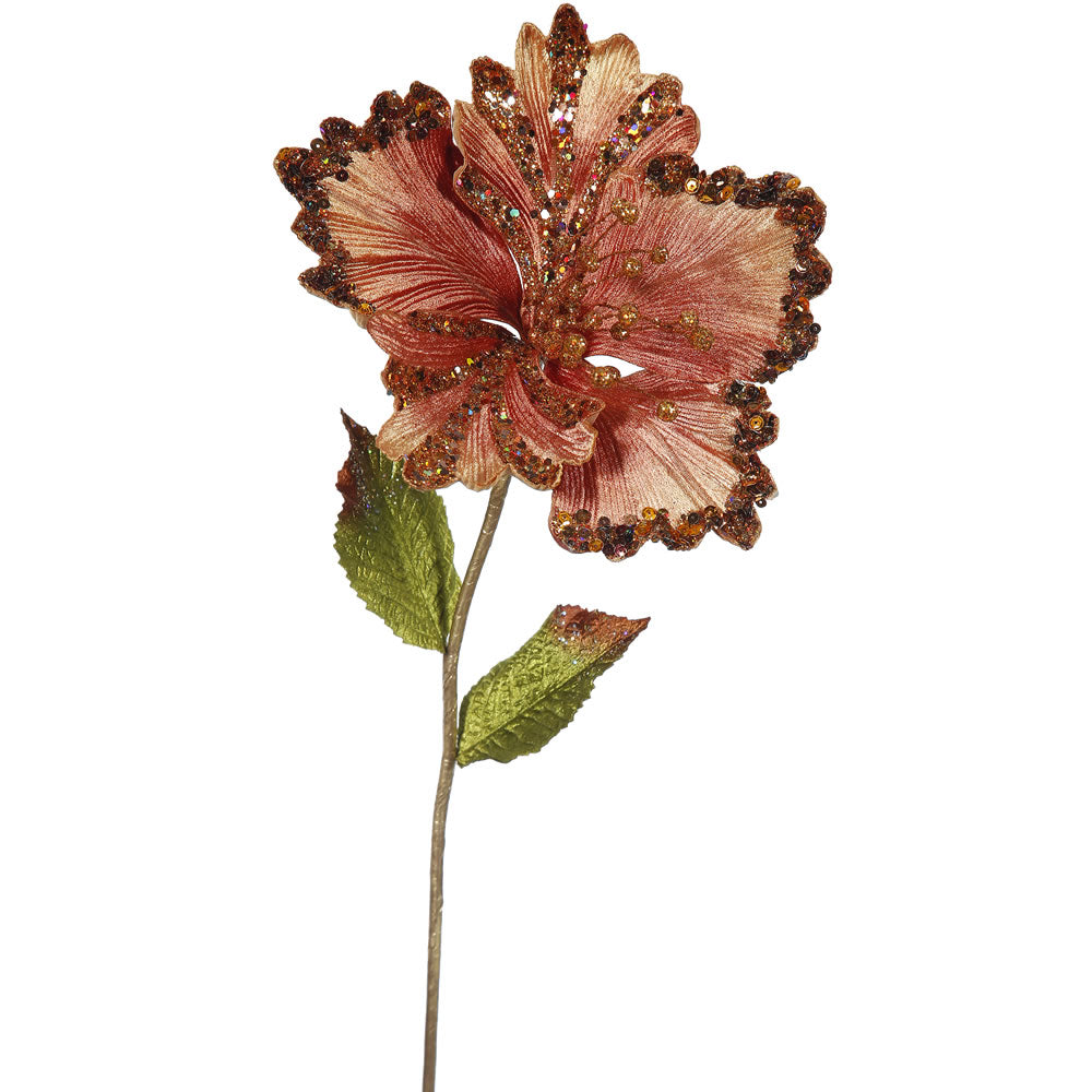 3PK - 23" Copper Hibiscus 8" Glitter Flower Decorative Christmas Pick