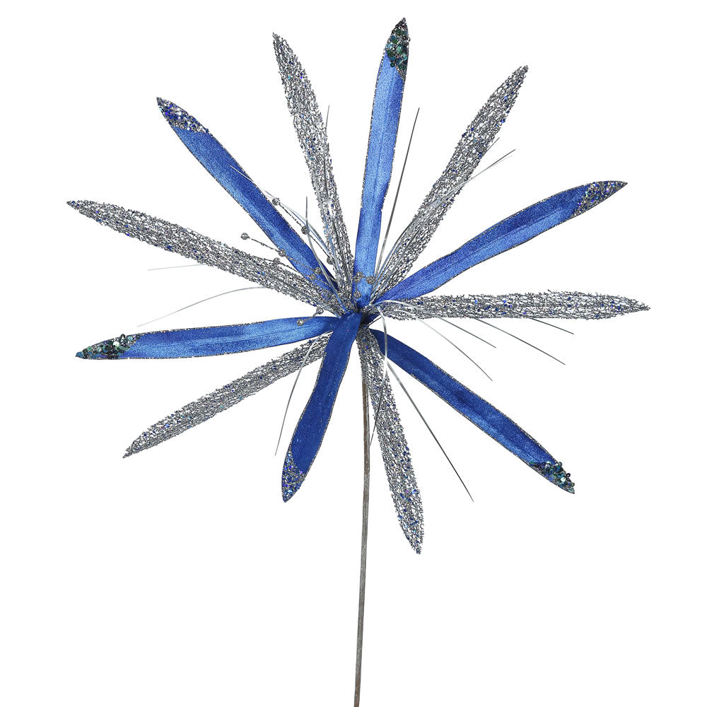 3PK - 24" Blue Velvet Papyrus 20" Glitter Flower Decorative Christmas Pick