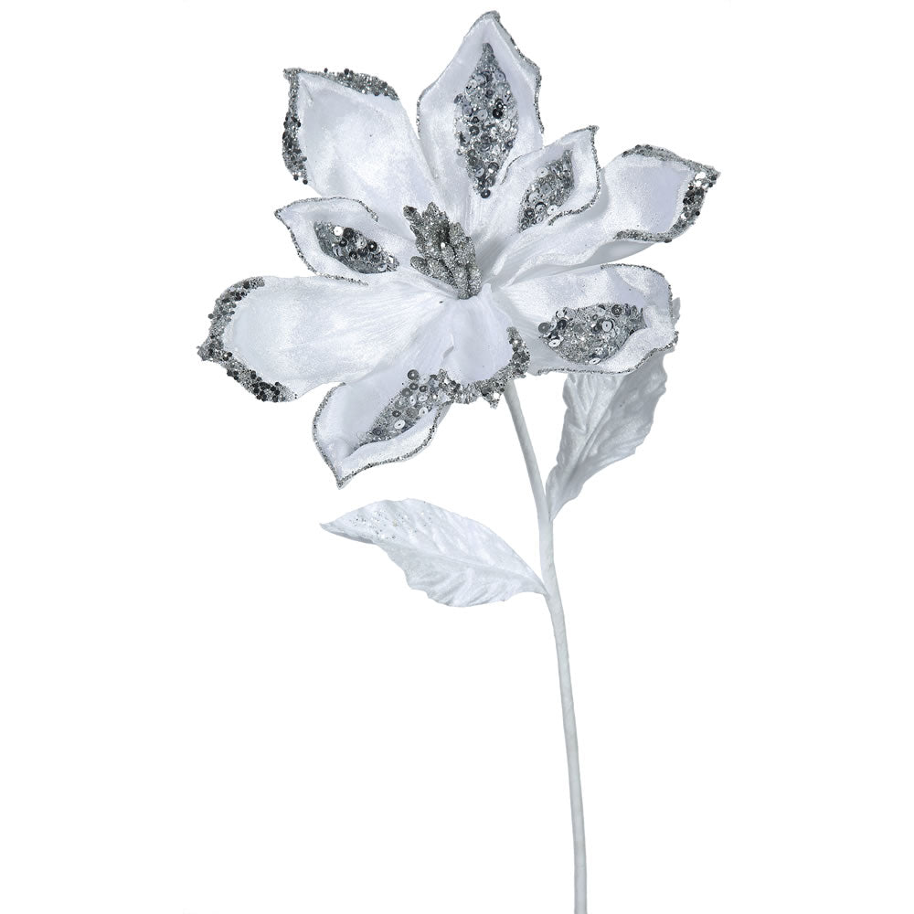 3PK - 22" White Velvet Magnolia 9" Glitter Flower Decorative Christmas Pick