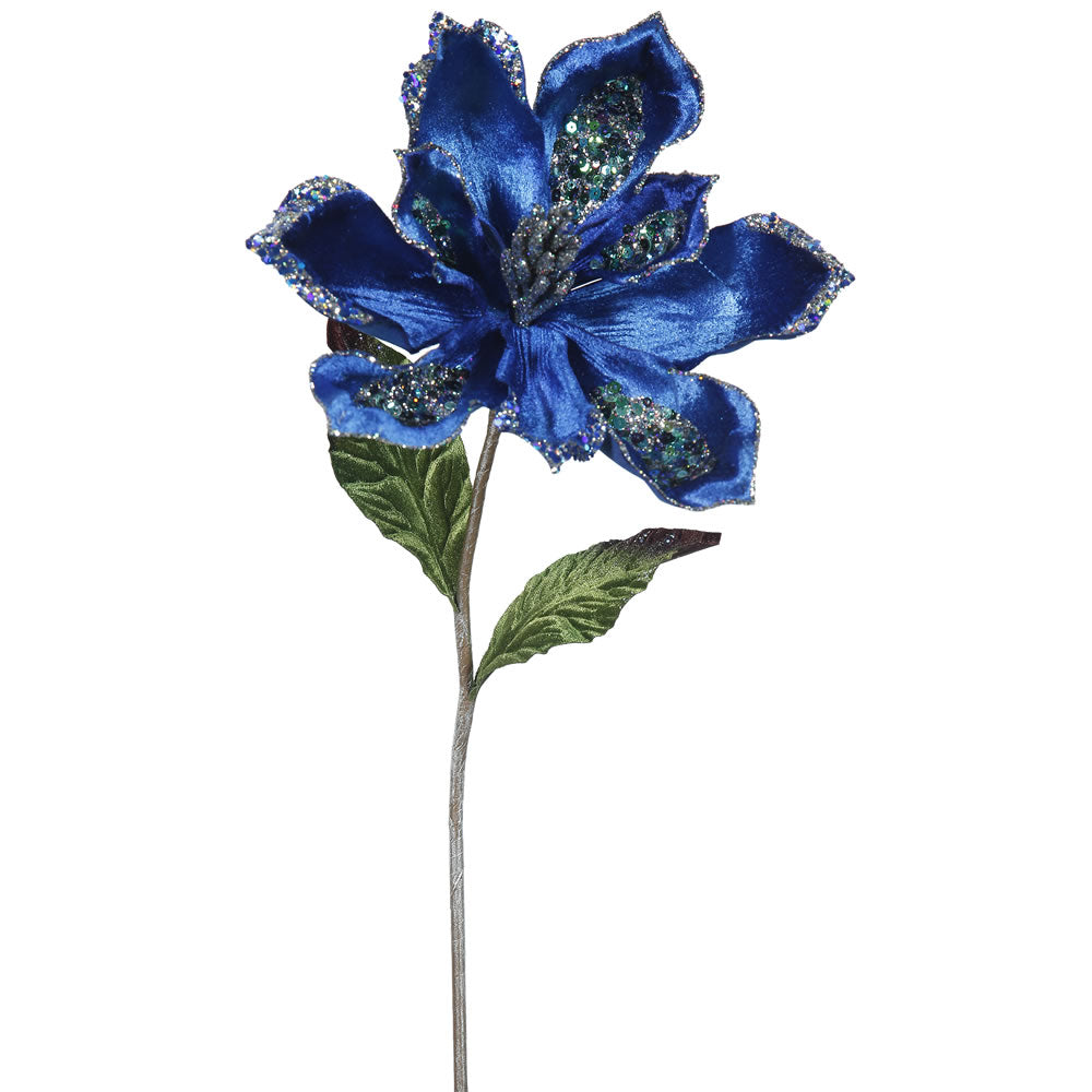 3PK - 22" Blue Velvet Magnolia 9" Glitter Flower Decorative Christmas Pick