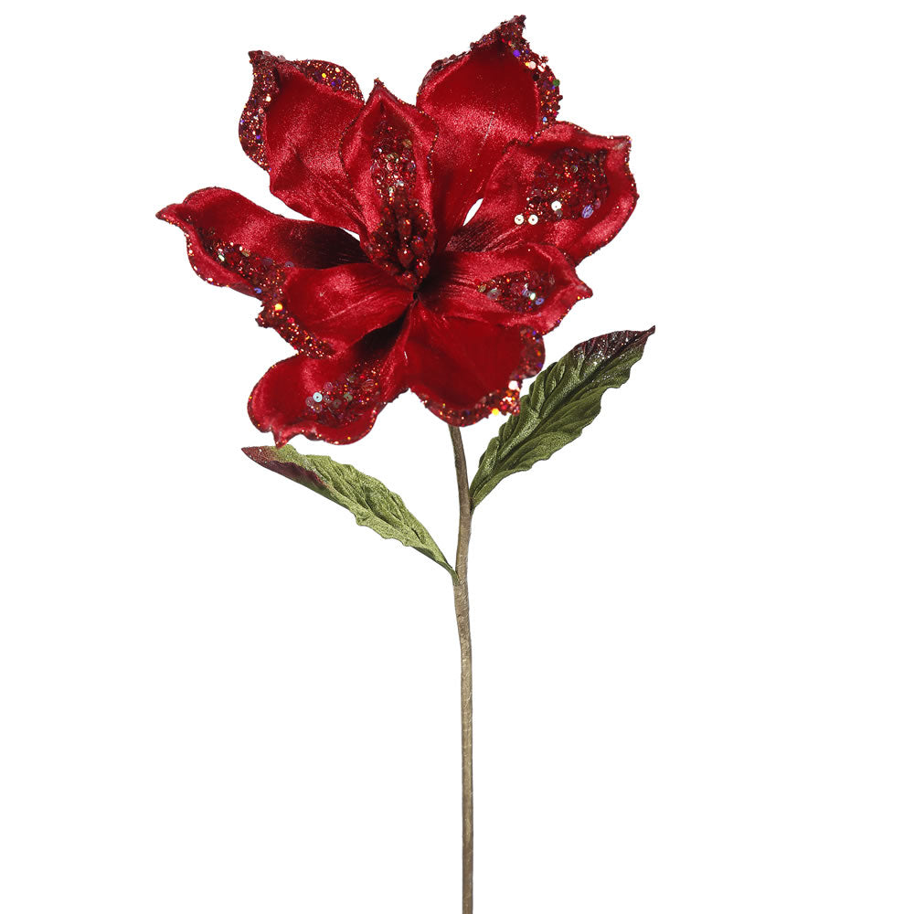 3PK - 22" Red Velvet Magnolia 9" Glitter Flower Decorative Christmas Pick