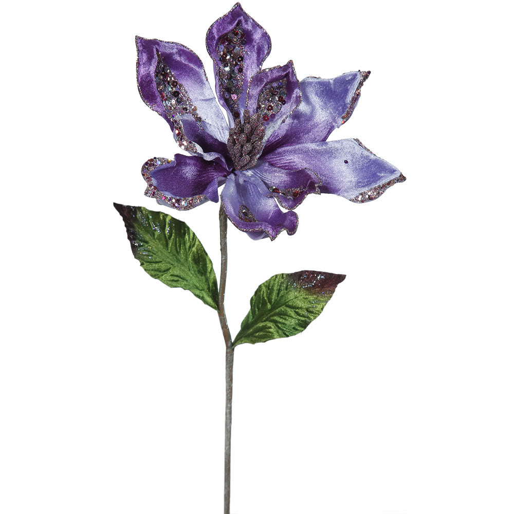 3PK - 22" Purple Velvet Magnolia 9" Glitter Flower Decorative Christmas Pick