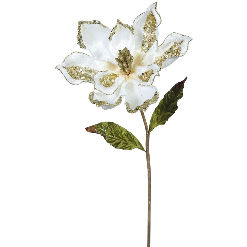 3PK - 22" Cream Velvet Magnolia 9" Glitter Flower Decorative Christmas Pick