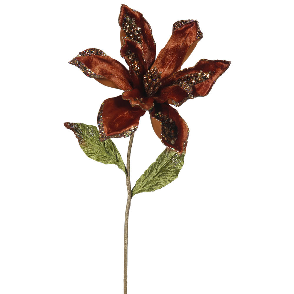 3PK - 22" Chocolate Velvet Magnolia 9" Glitter Flower Decorative Christmas Pick
