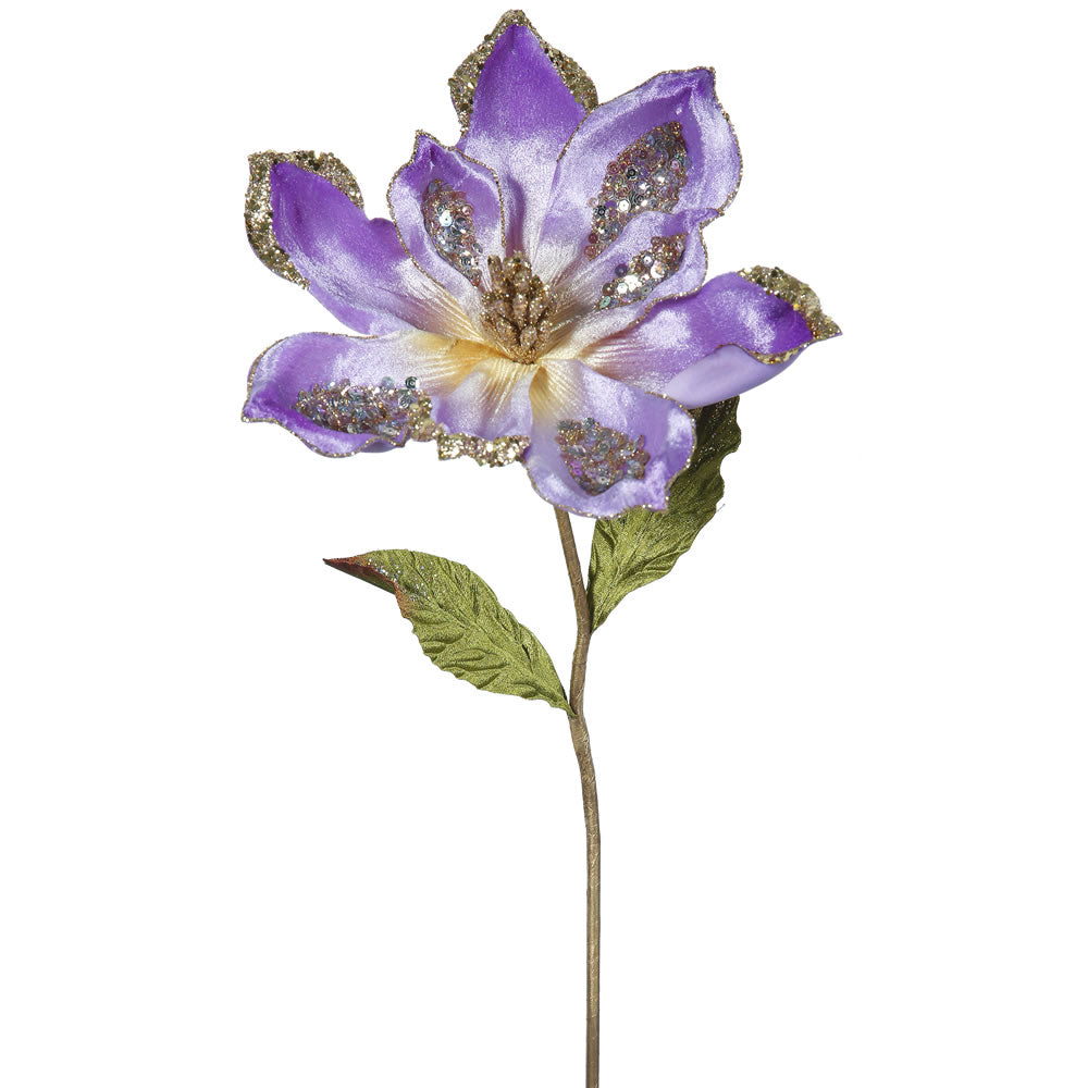 3PK - 22" Violet Velvet Magnolia 9" Glitter Flower Decorative Christmas Pick