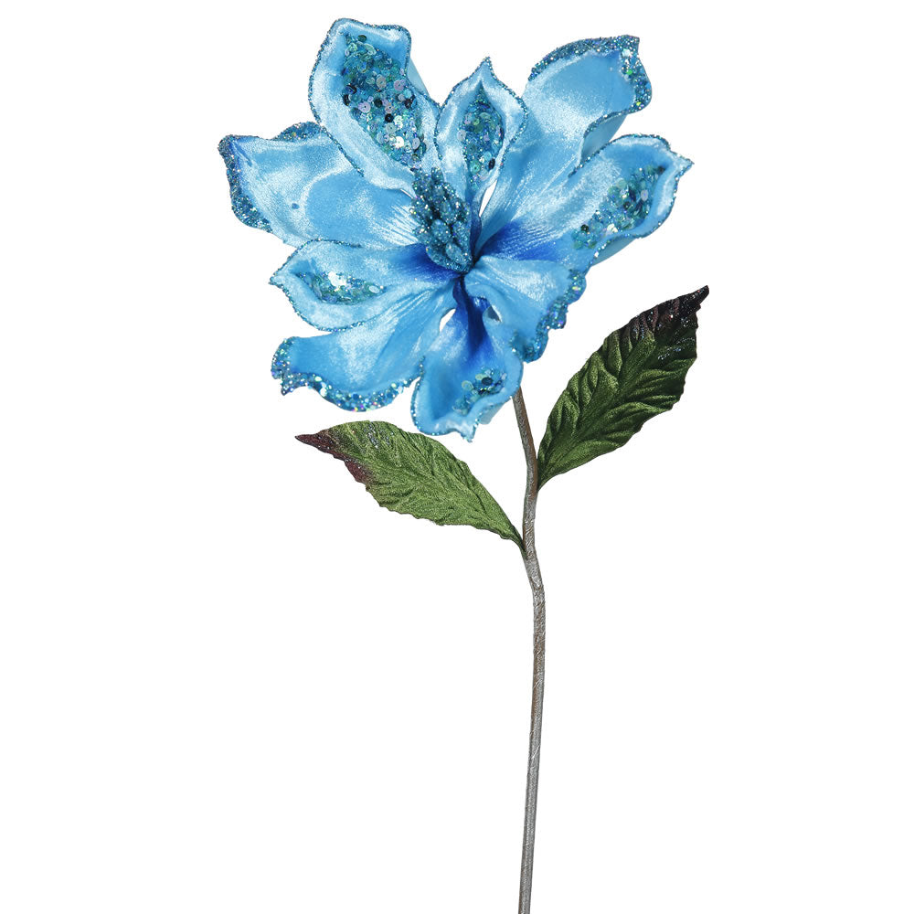 3PK - 22" Sky Blue Velvet Magnolia 9" Glitter Flower Decorative Christmas Pick