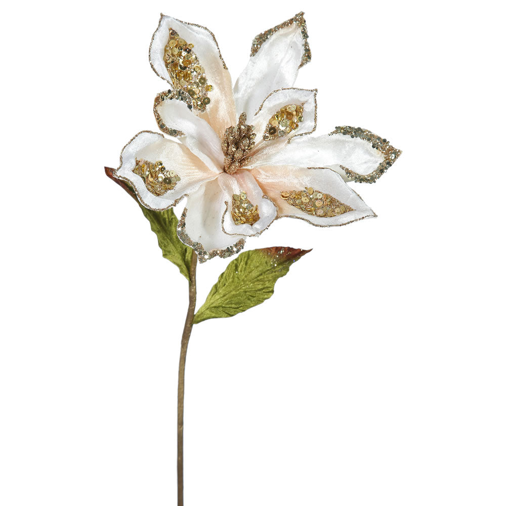 3PK - 22" Rose Gold Velvet Magnolia 9" Glitter Flower Decorative Christmas Pick