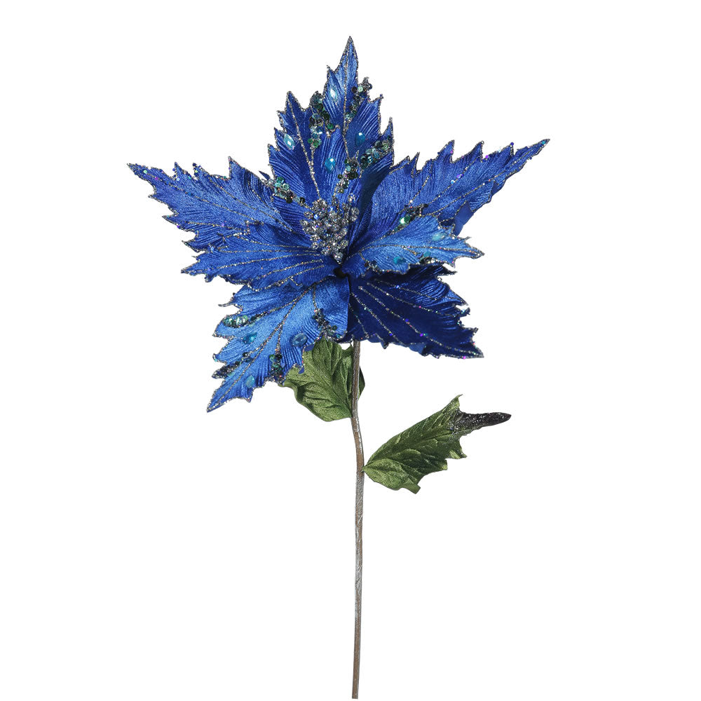 3PK - 26" Blue Velvet Poinsettia 13" Glitter Flower Decorative Christmas Pick
