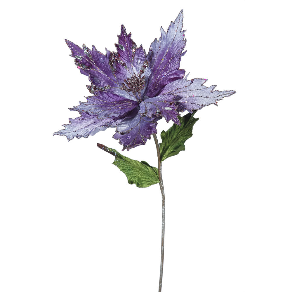 3PK - 26" Purple Velvet Poinsettia 13" Glitter Flower Decorative Christmas Pick