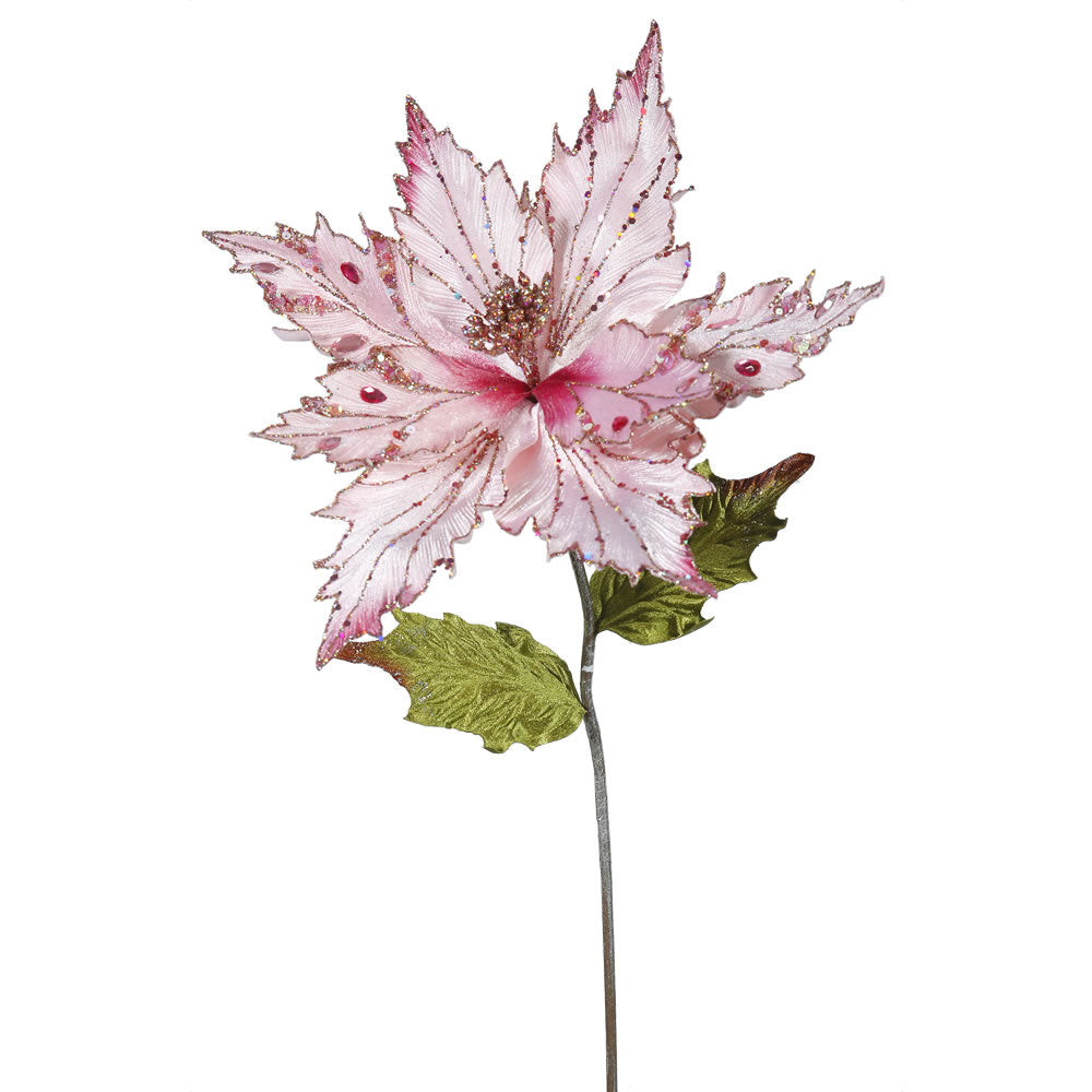 3PK - 26" Pink Velvet Poinsettia 13" Glitter Flower Decorative Christmas Pick