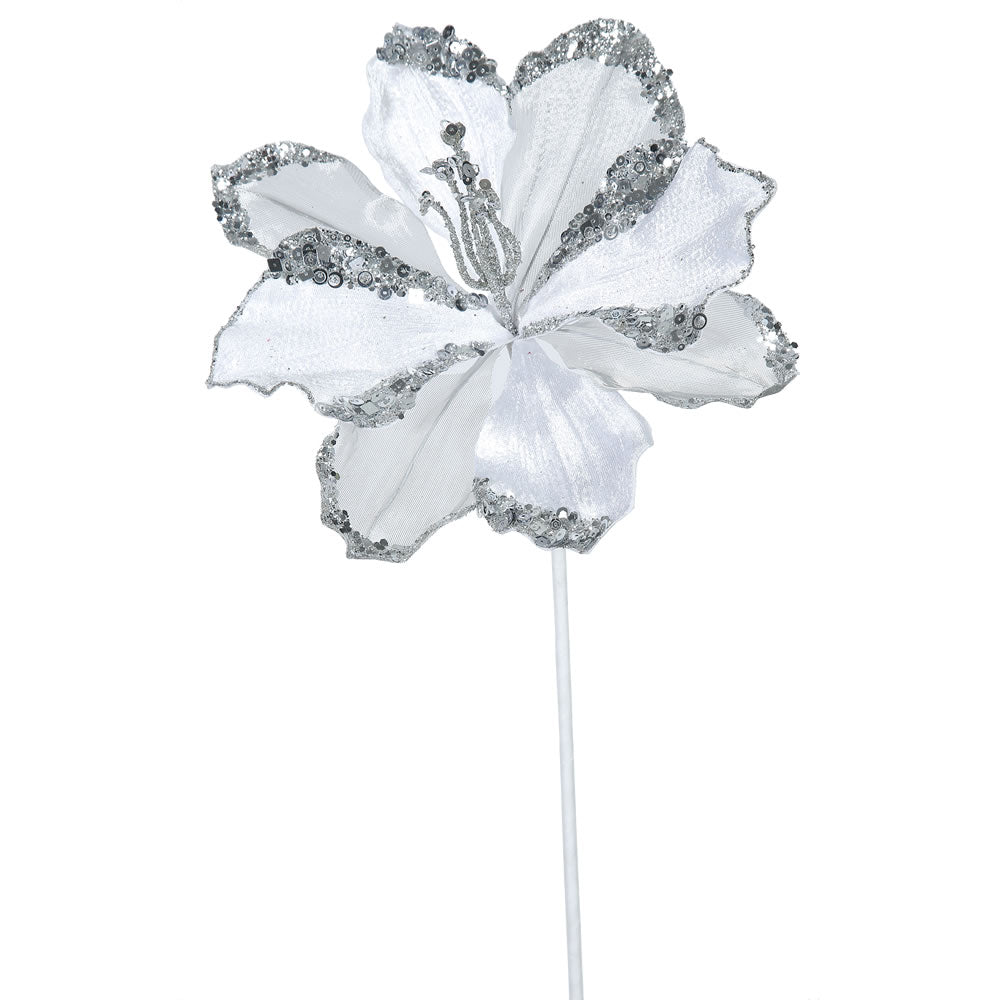 3PK - 20" White Velvet Amaryllis 9" Glitter Flower Decorative Christmas Pick