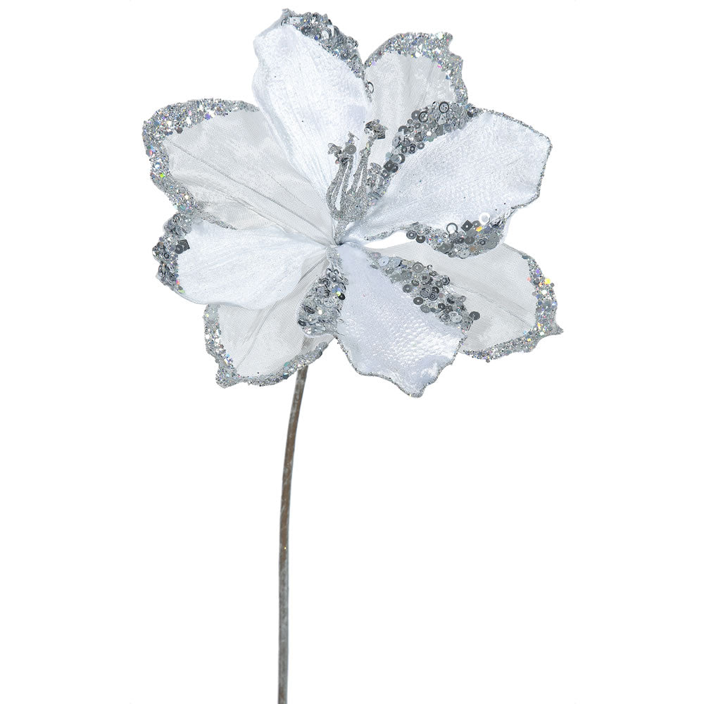 3PK - 20" Silver Velvet Amaryllis 9" Glitter Flower Decorative Christmas Pick