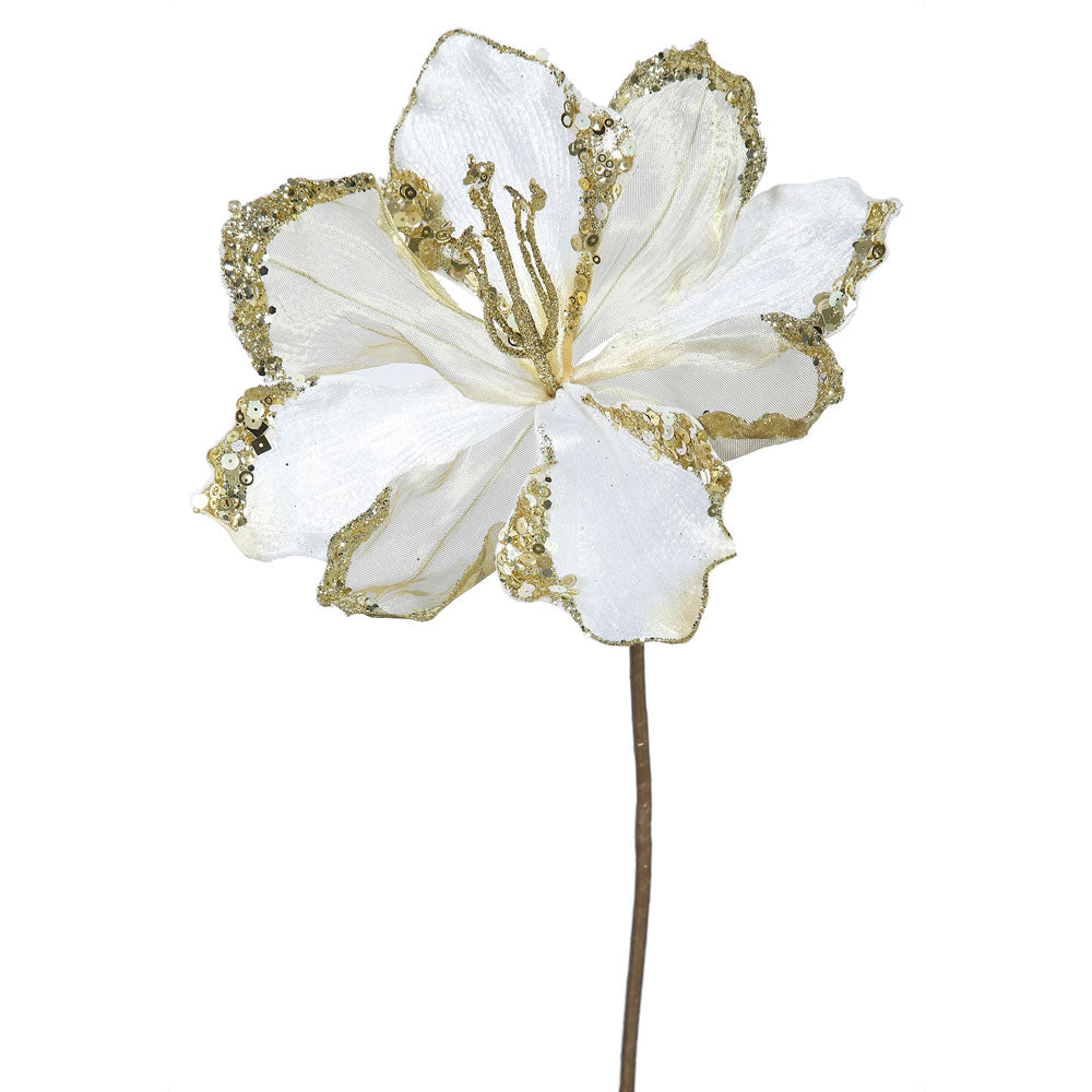 3PK - 20" Cream Velvet Amaryllis 9" Glitter Flower Decorative Christmas Pick