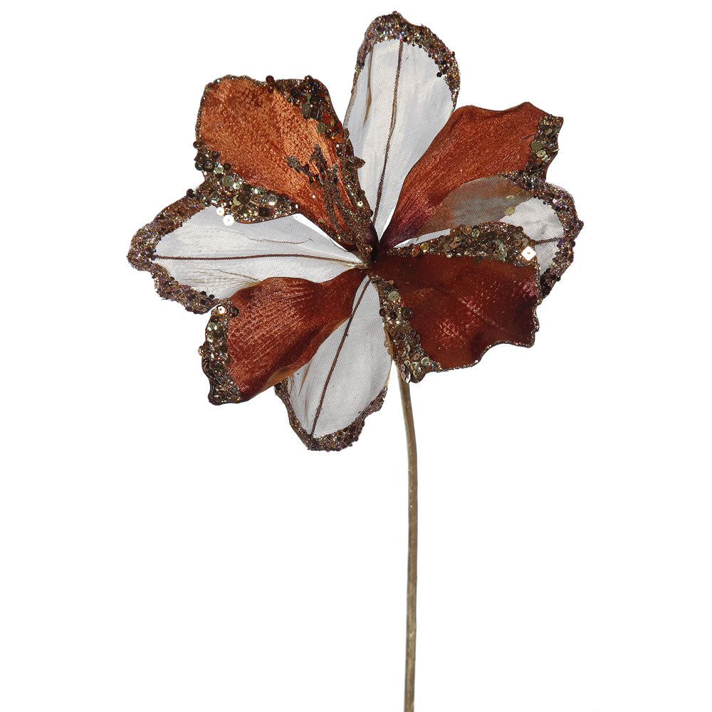 3PK - 20" Chocolate Velvet Amaryllis 9" Glitter Flower Decor Christmas Pick