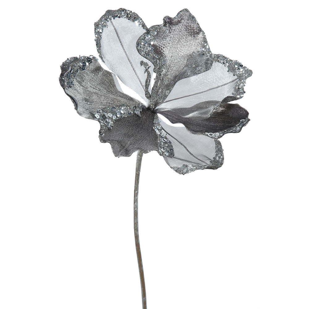 3PK - 20" Pewter Velvet Amaryllis 9" Glitter Flower Decorative Christmas Pick