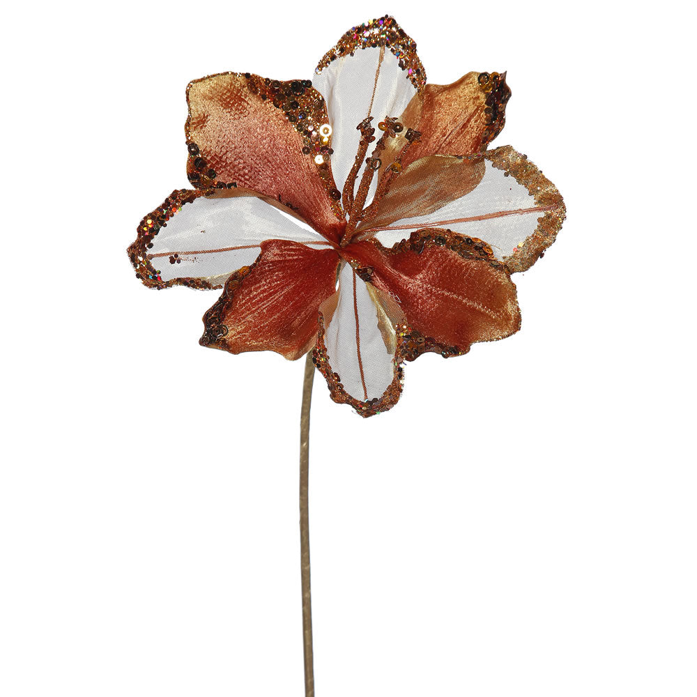3PK - 20" Copper Velvet Amaryllis 9" Glitter Flower Decorative Christmas Pick