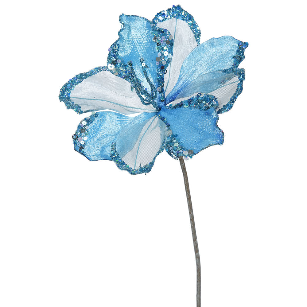 3PK - 20" Sky Blue Velvet Amaryllis 9" Glitter Flower Decorative Christmas Pick