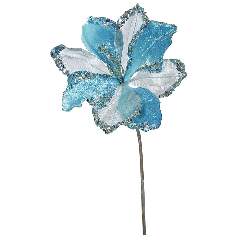 3PK - 20" Sea Blue Velvet Amaryllis 9" Glitter Flower Decorative Christmas Pick