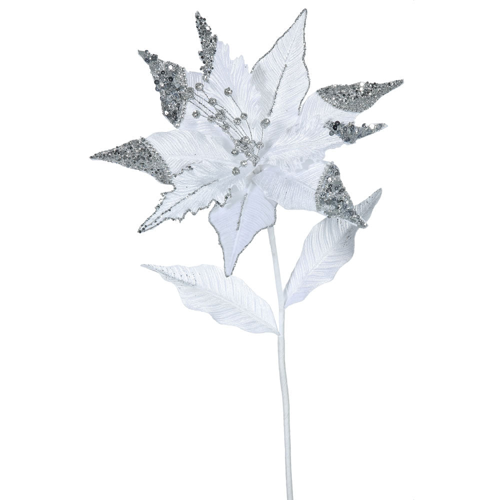 3PK - 26" White Velvet Poinsettia 12" Glitter Flower Decorative Christmas Pick