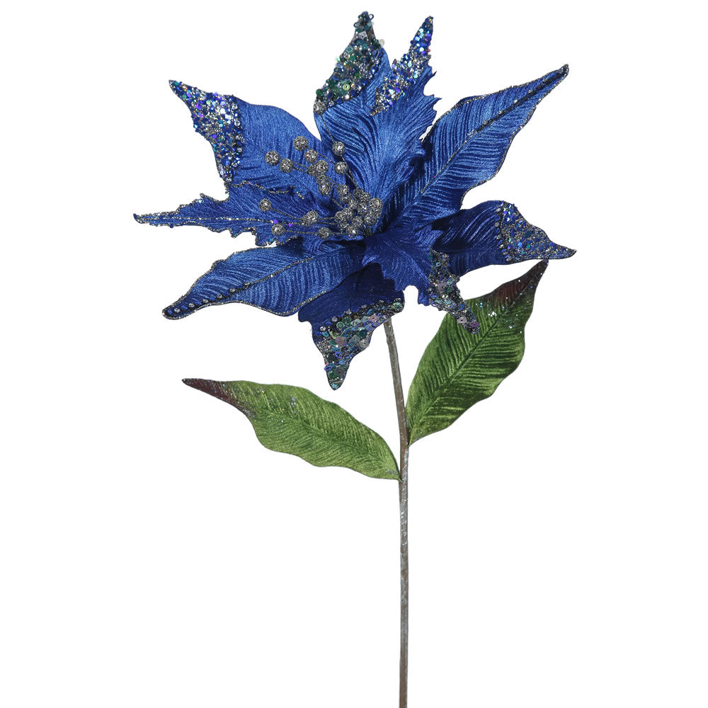 3PK - 26" Blue Velvet Poinsettia 12" Glitter Flower Decorative Christmas Pick