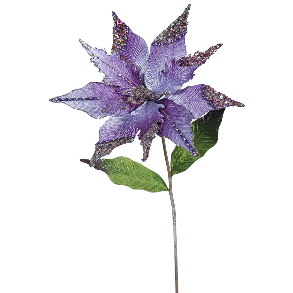 3PK - 26" Purple Velvet Poinsettia 12" Glitter Flower Decorative Christmas Pick
