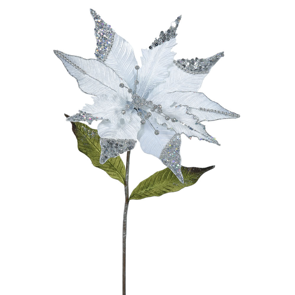 3PK - 26" Silver Velvet Poinsettia 12" Glitter Flower Decorative Christmas Pick