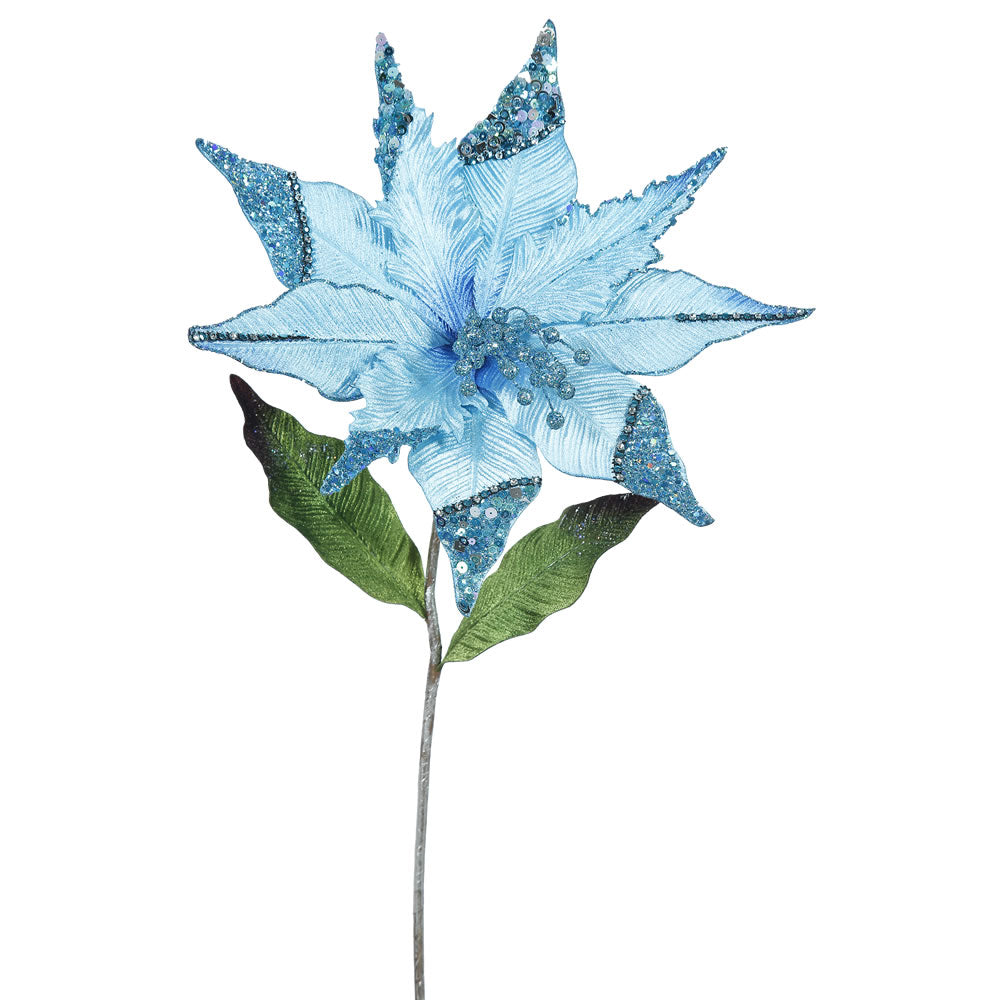 3PK - 26" Sky Blue Velvet Poinsettia 12" Glitter Flower Decor Christmas Pick